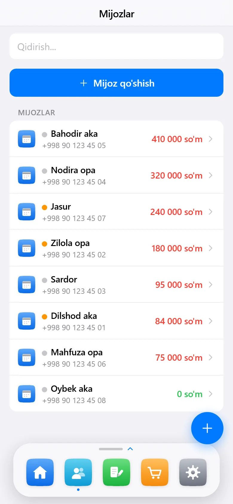 Mijozlar ro‘yxati: ism, telefon va qarz qoldig‘i