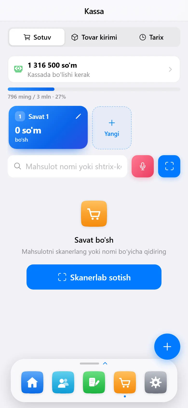 BuySale ilovasidagi kassa ekrani: sotuv savati, mahsulot qidiruvi va shtrix-kodni skanerlash tugmasi