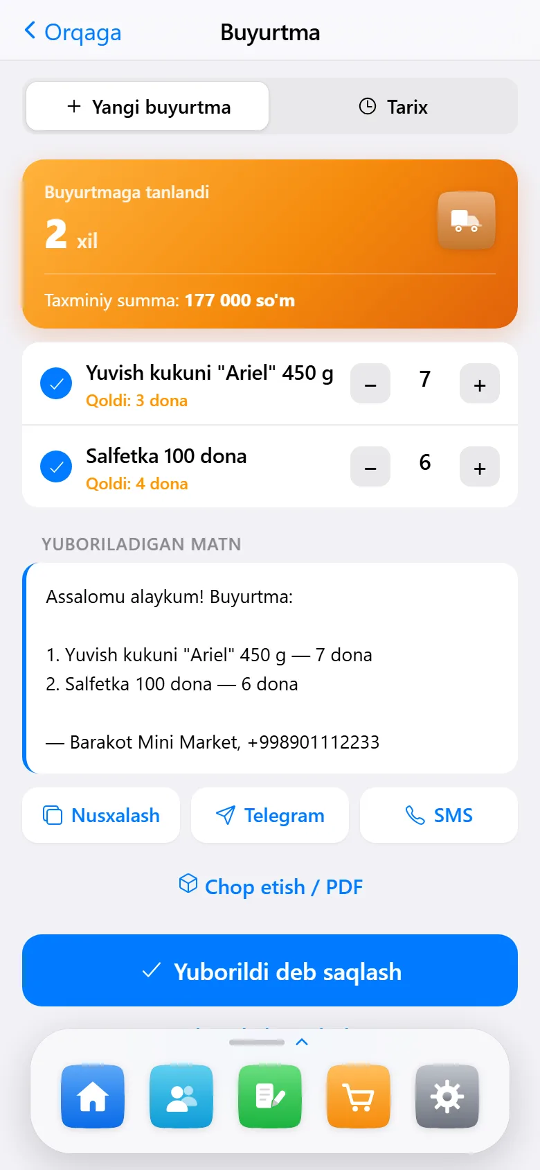 Buyurtma ekrani: kam qolgan tovarlar ro‘yxati va miqdor tugmalari