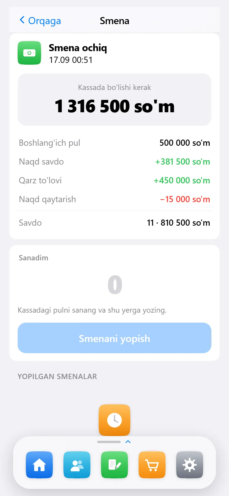 Smena ekrani: kassadagi kutilayotgan pul hisobi