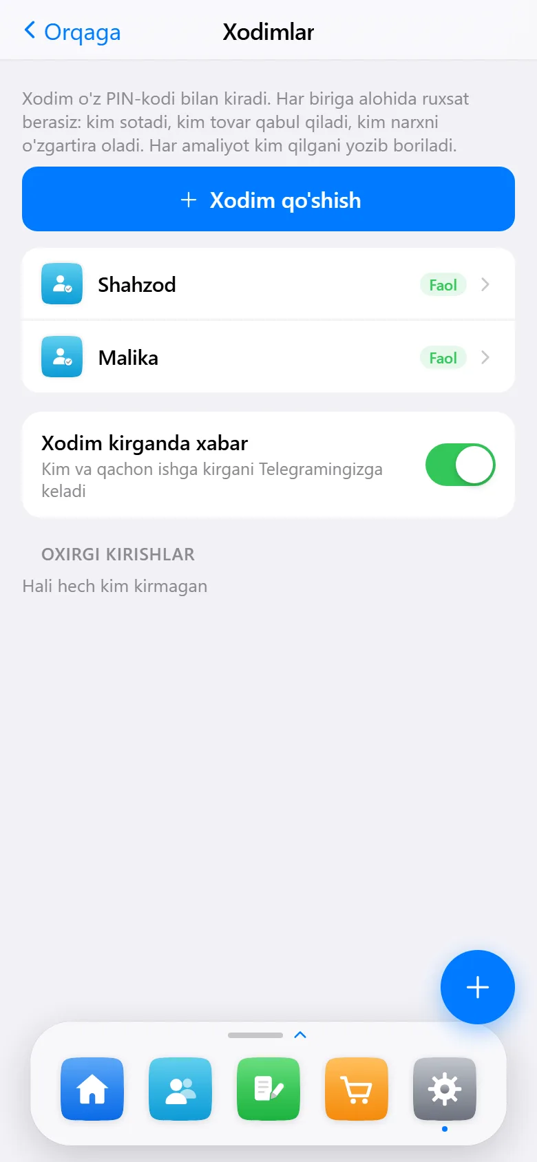 Xodimlar ekrani: sotuvchilar ro‘yxati va ruxsatlar soni