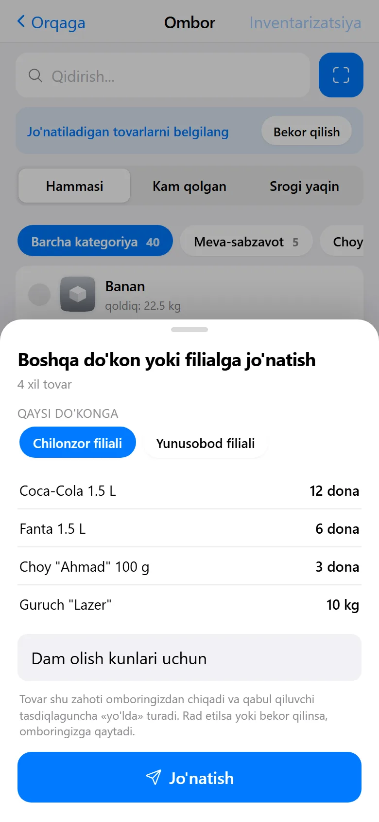 Filialga jo‘natish oynasi: qabul qiluvchi filial va tovarlar ro‘yxati