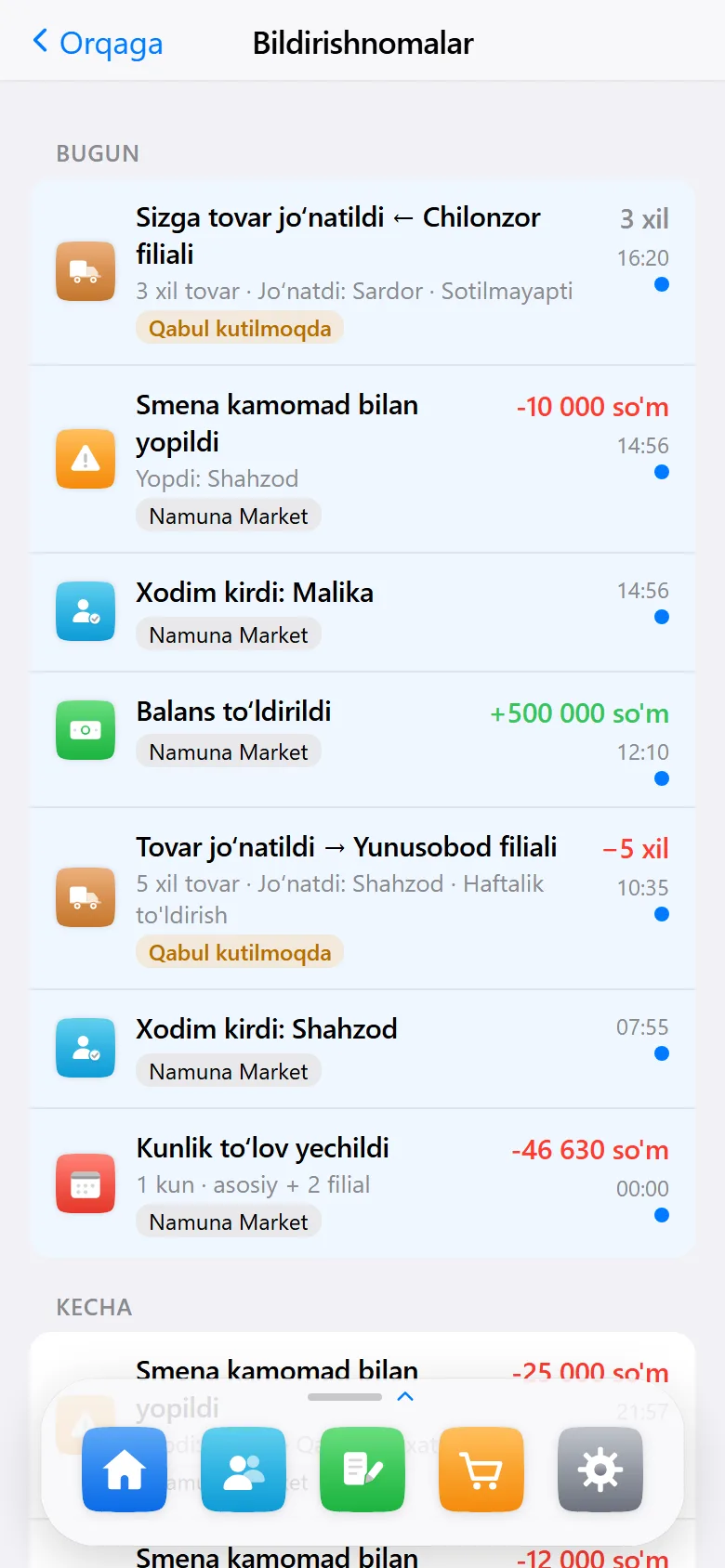 Ilovadagi bildirishnomalar ro‘yxati