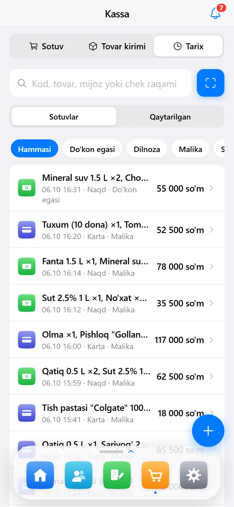 Savdo tarixi: har chekda sotuvchi ismi va sotuvchi bo‘yicha filtr