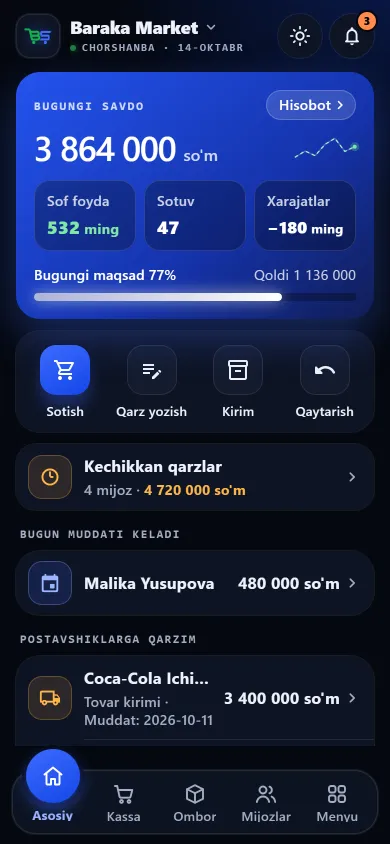BuySale ilovasining asosiy ekrani: bugungi savdo, sof foyda va hafta ustunlari