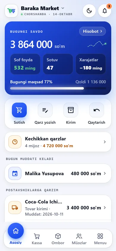 BuySale ilovasining asosiy ekrani: bugungi savdo, sof foyda va hafta ustunlari