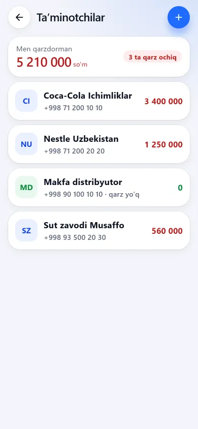 Postavshiklar ro‘yxati va ularga bo‘lgan qarz summalari