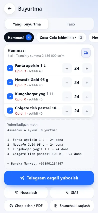 Buyurtma ekrani: kam qolgan tovarlar ro‘yxati va miqdor tugmalari