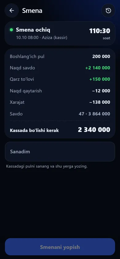 Smena ekrani: kassadagi kutilayotgan pul hisobi