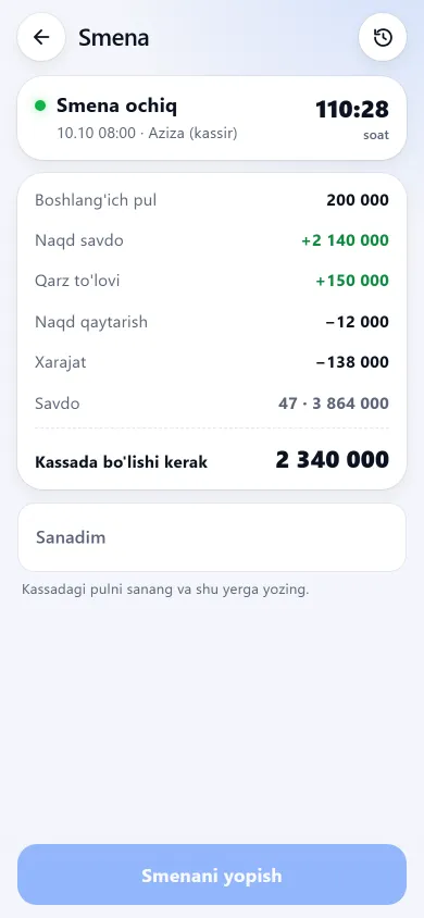 Smena ekrani: kassadagi kutilayotgan pul hisobi