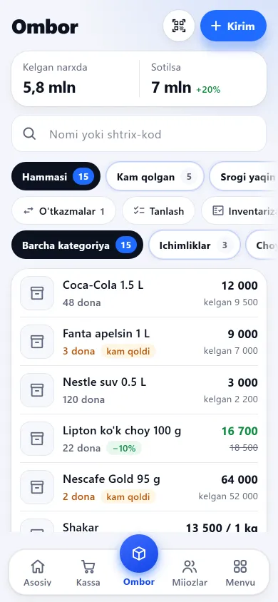 Ombor ekrani: tovarlar ro‘yxati, qoldiq va narxlar