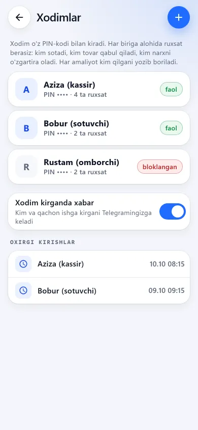 Xodimlar ekrani: sotuvchilar ro‘yxati va ruxsatlar soni