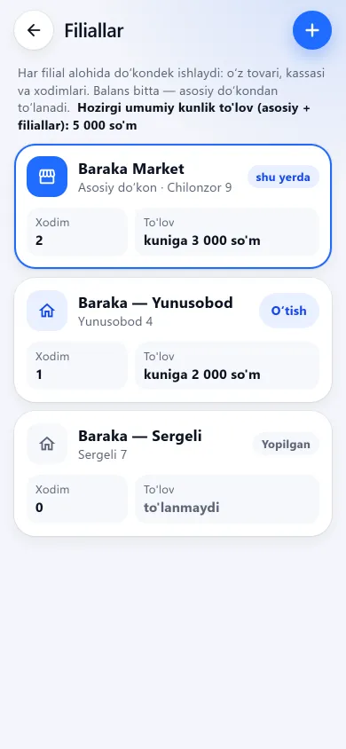 BuySale ilovasidagi Filiallar ekrani: asosiy do‘kon va filiallar ro‘yxati
