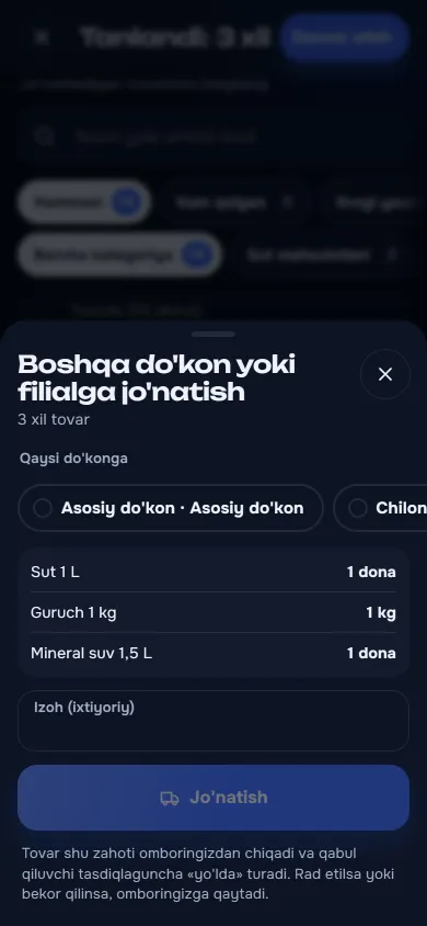 Filialga jo‘natish oynasi: qabul qiluvchi filial va tovarlar ro‘yxati