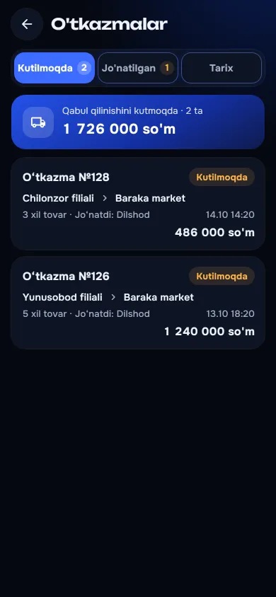 O‘tkazmalar ro‘yxati: Kutilmoqda, Jo‘natilgan va Tarix bo‘limlari