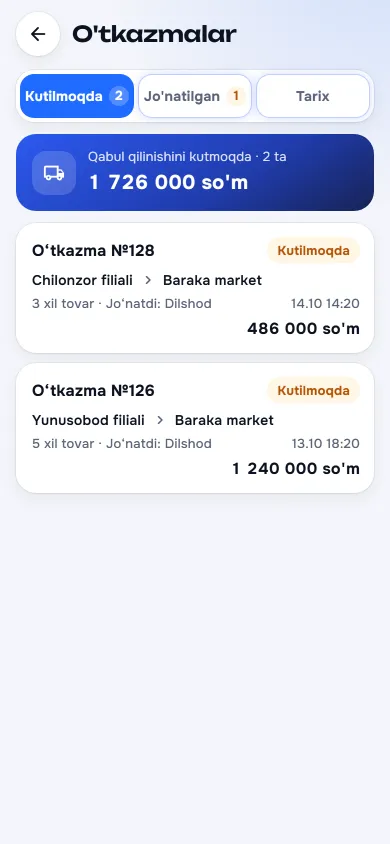 O‘tkazmalar ro‘yxati: Kutilmoqda, Jo‘natilgan va Tarix bo‘limlari