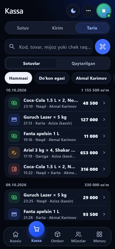 Savdo tarixi: har chekda sotuvchi ismi va sotuvchi bo‘yicha filtr