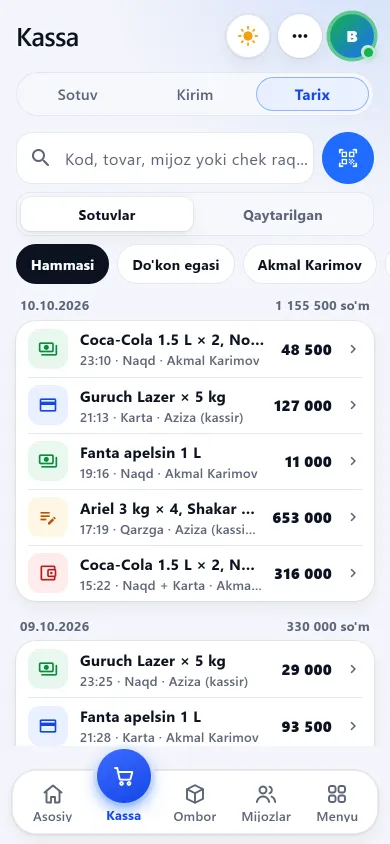 Savdo tarixi: har chekda sotuvchi ismi va sotuvchi bo‘yicha filtr